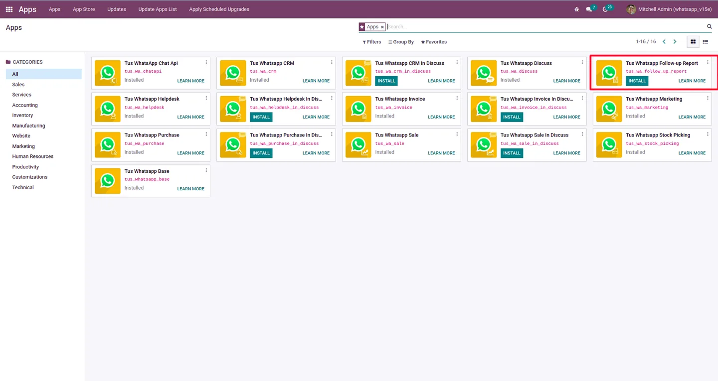 Odoo follow-up report with the Send by WhatsApp button