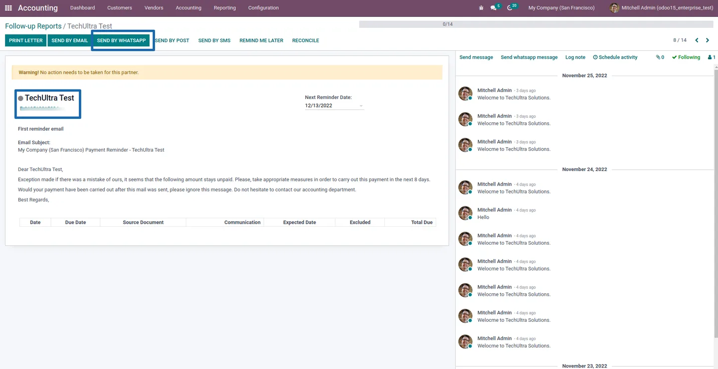 Composing a WhatsApp dunning template from an Odoo follow-up report