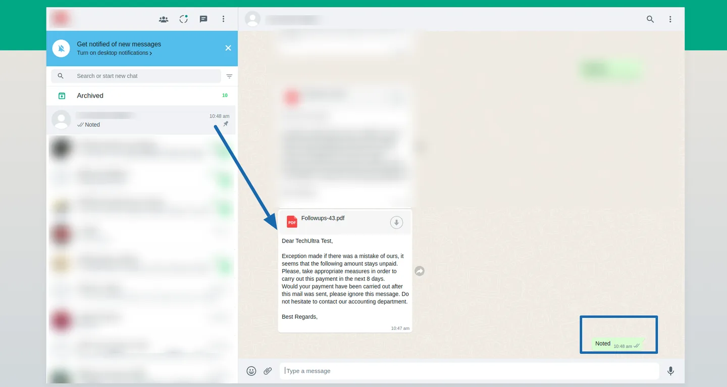 Customer WhatsApp reply landing on the Odoo follow-up thread