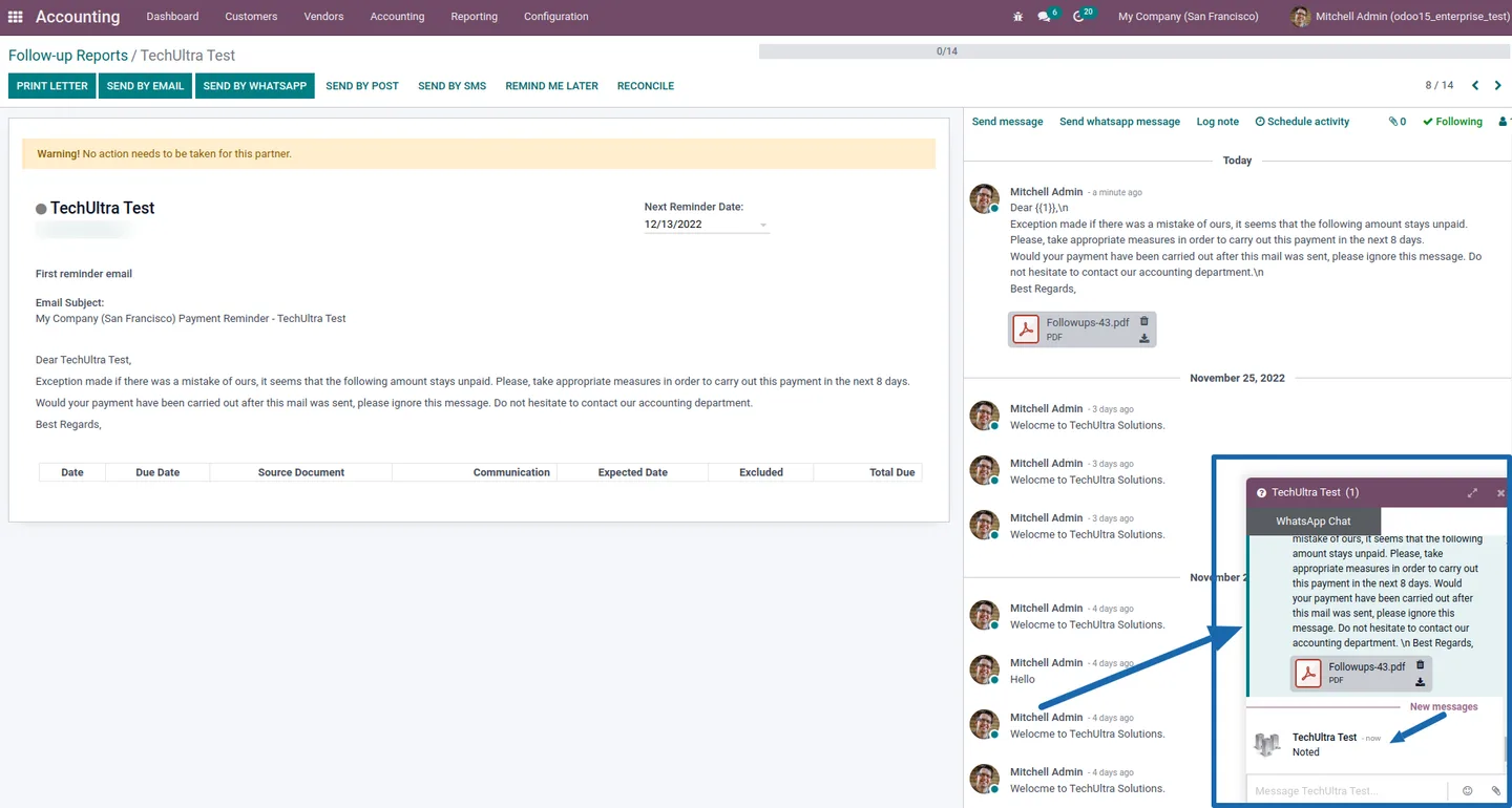 WhatsApp follow-up conversation tracked inside Odoo's Discuss inbox