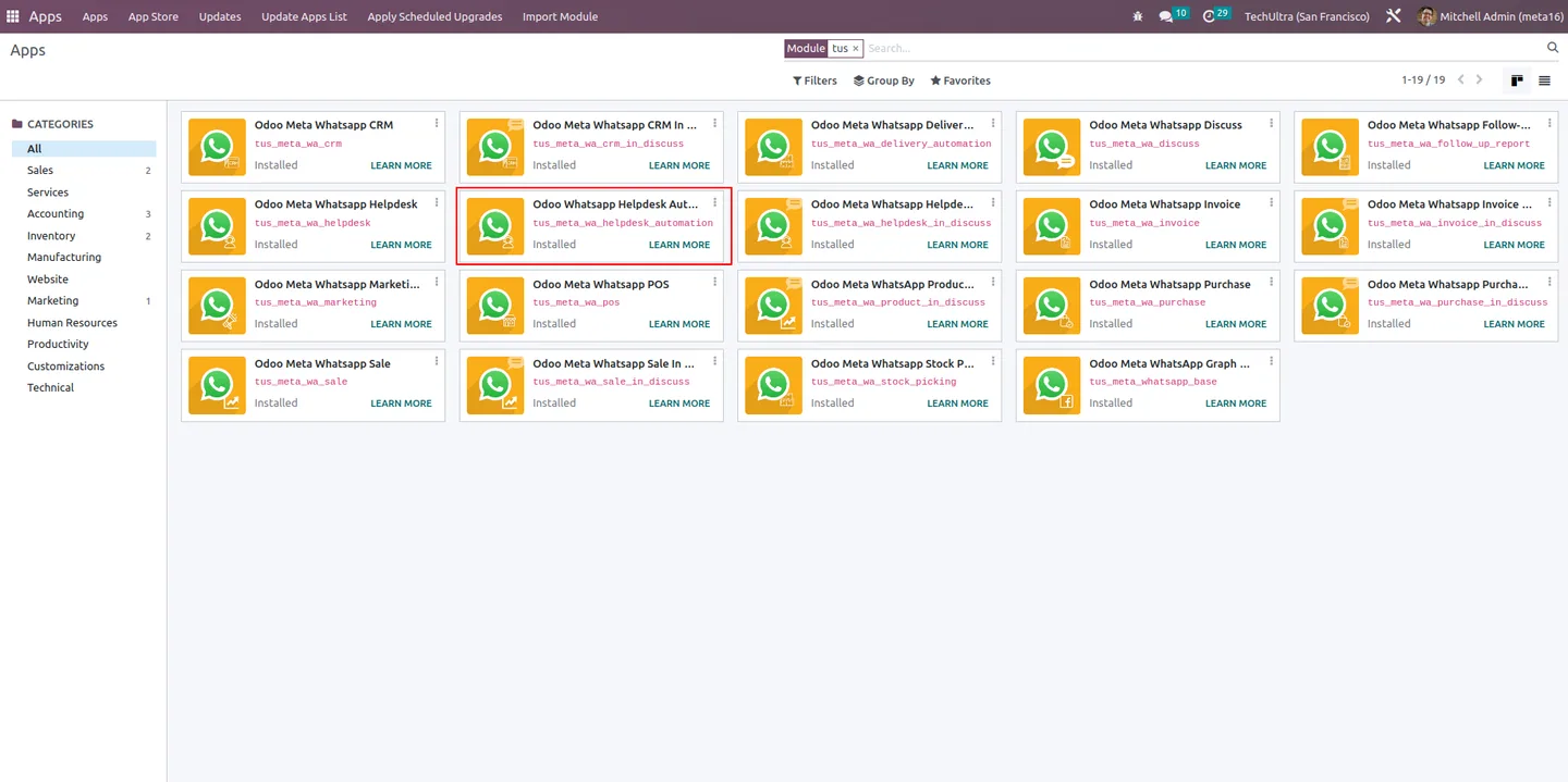 Helpdesk stage configuration in Odoo with a WhatsApp template assigned
