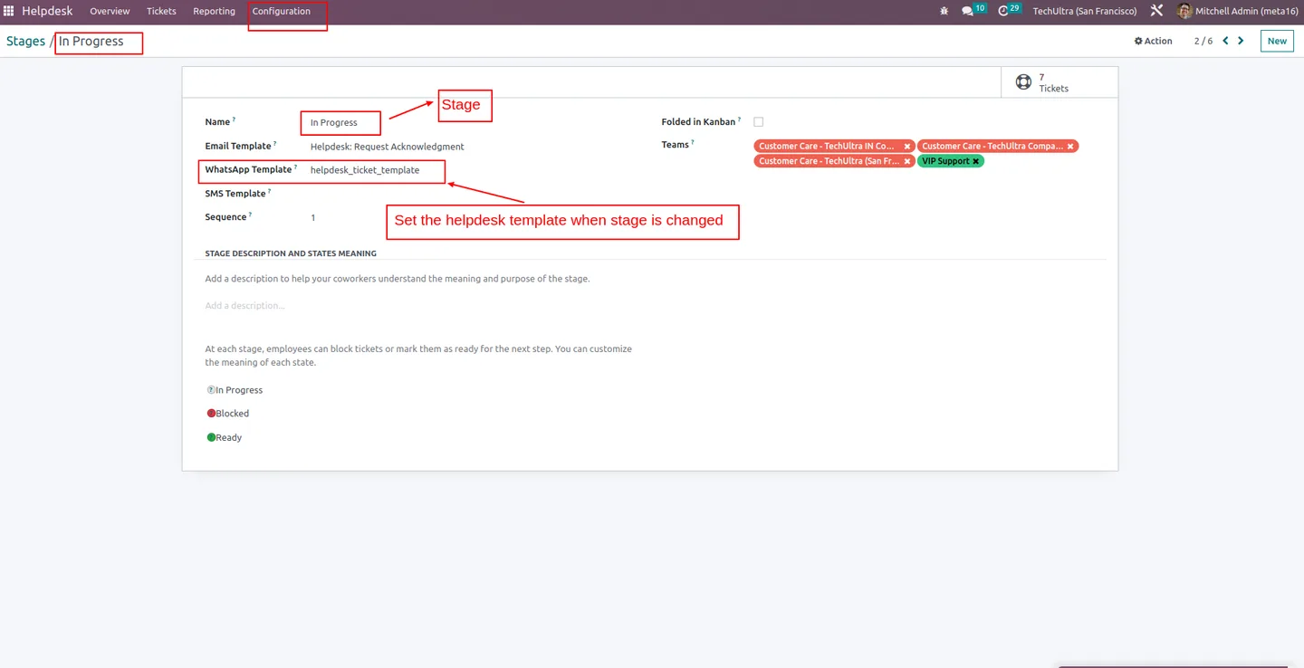 Helpdesk ticket view in Odoo showing the stage being changed