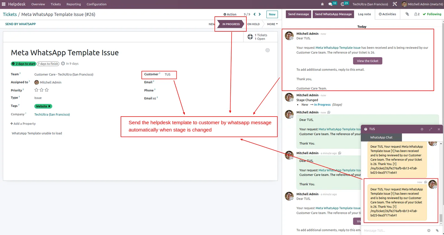 WhatsApp template message logged against an Odoo helpdesk ticket