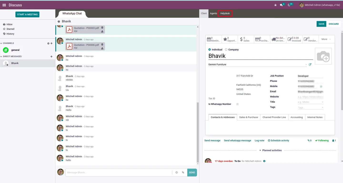 Helpdesk tab inside Odoo Discuss listing every ticket for the WhatsApp contact