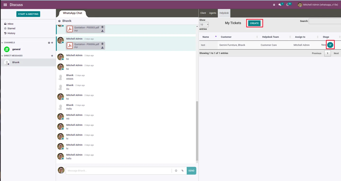 Creating or editing a helpdesk ticket directly from the Discuss conversation