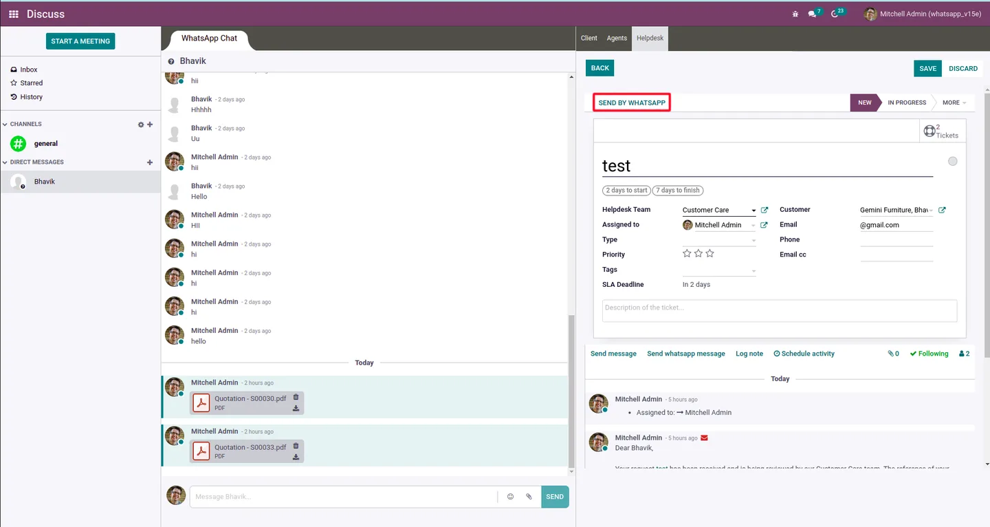 Send By WhatsApp button on an Odoo helpdesk ticket inside Discuss