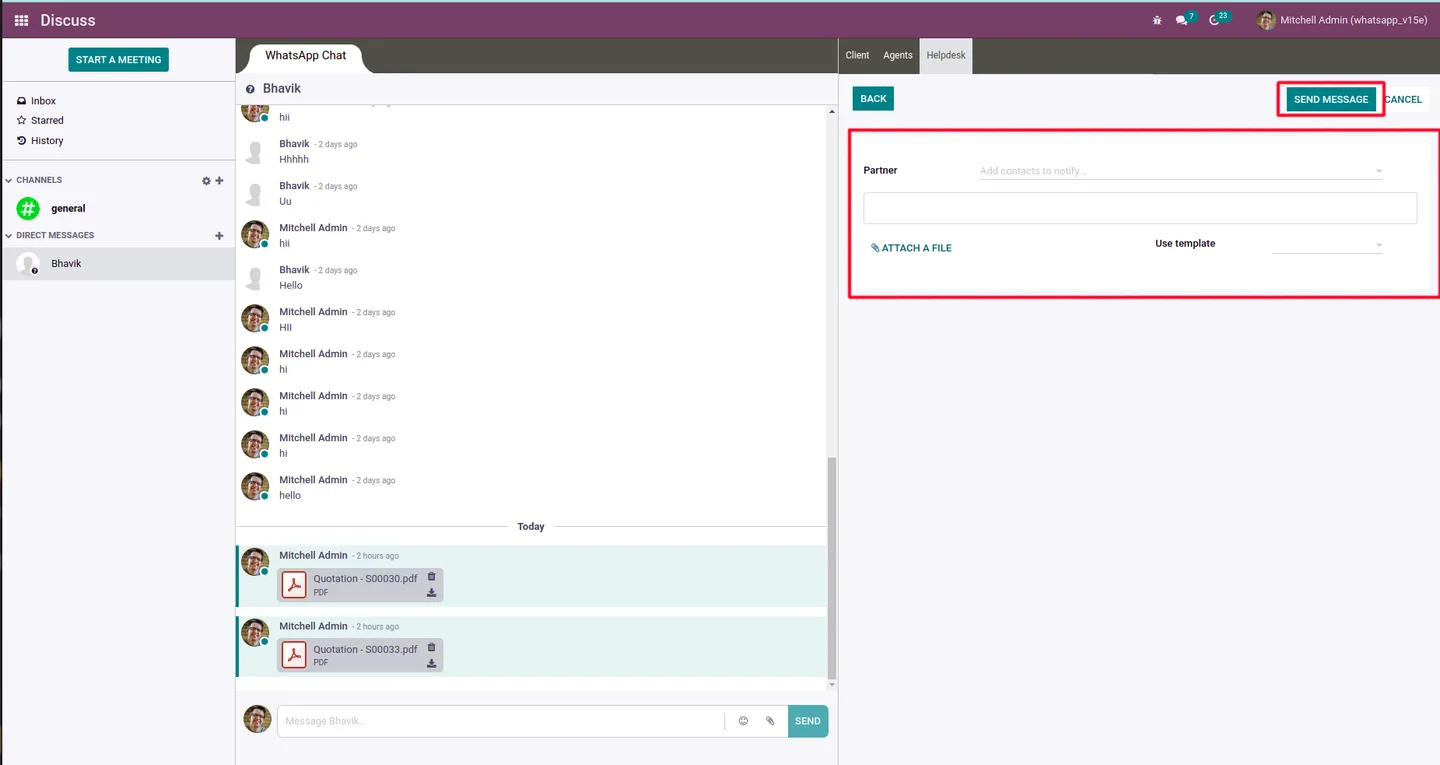 WhatsApp template reply being sent from a helpdesk ticket in Discuss