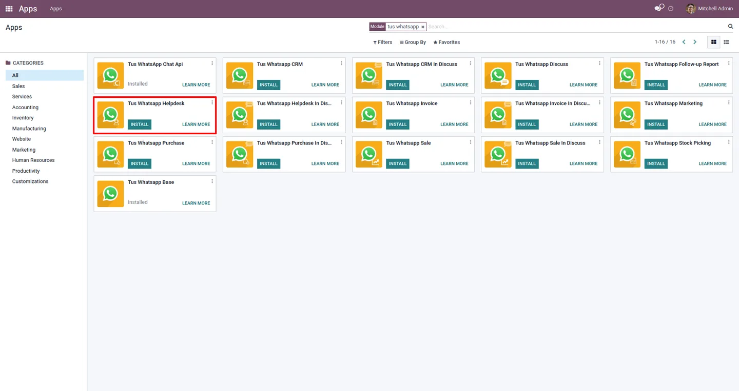 Odoo Helpdesk ticket list with the Send by WhatsApp action
