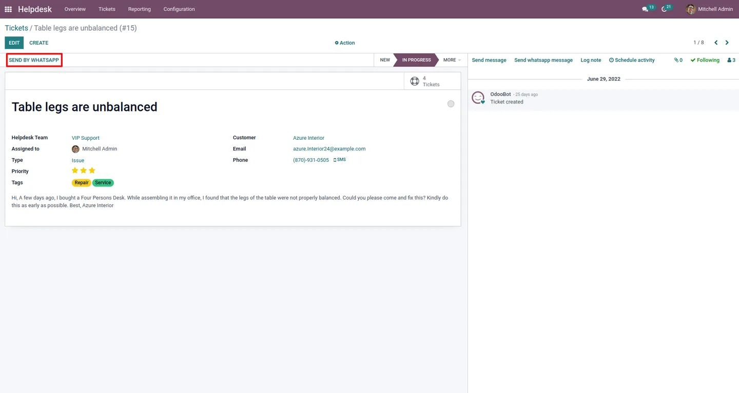 Sending a WhatsApp template to a customer from an Odoo helpdesk ticket