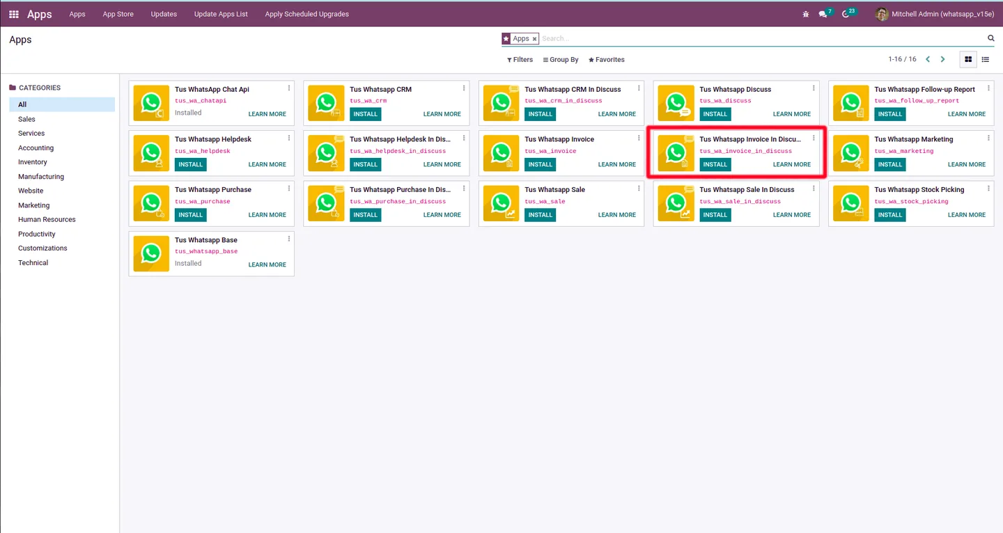 Invoice tab inside Odoo Discuss listing every invoice for the WhatsApp contact