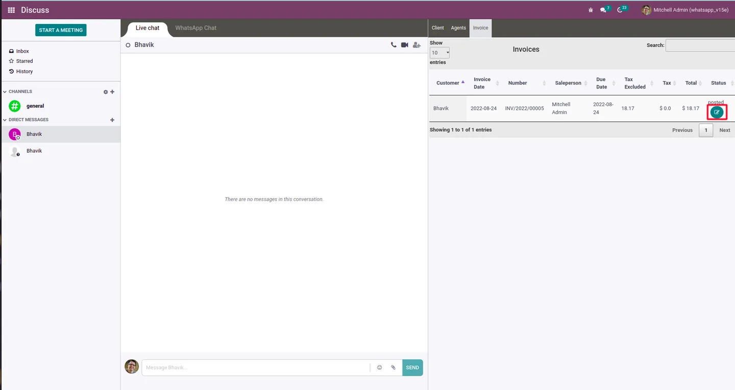 Editing an Odoo customer invoice directly from the Discuss WhatsApp tab