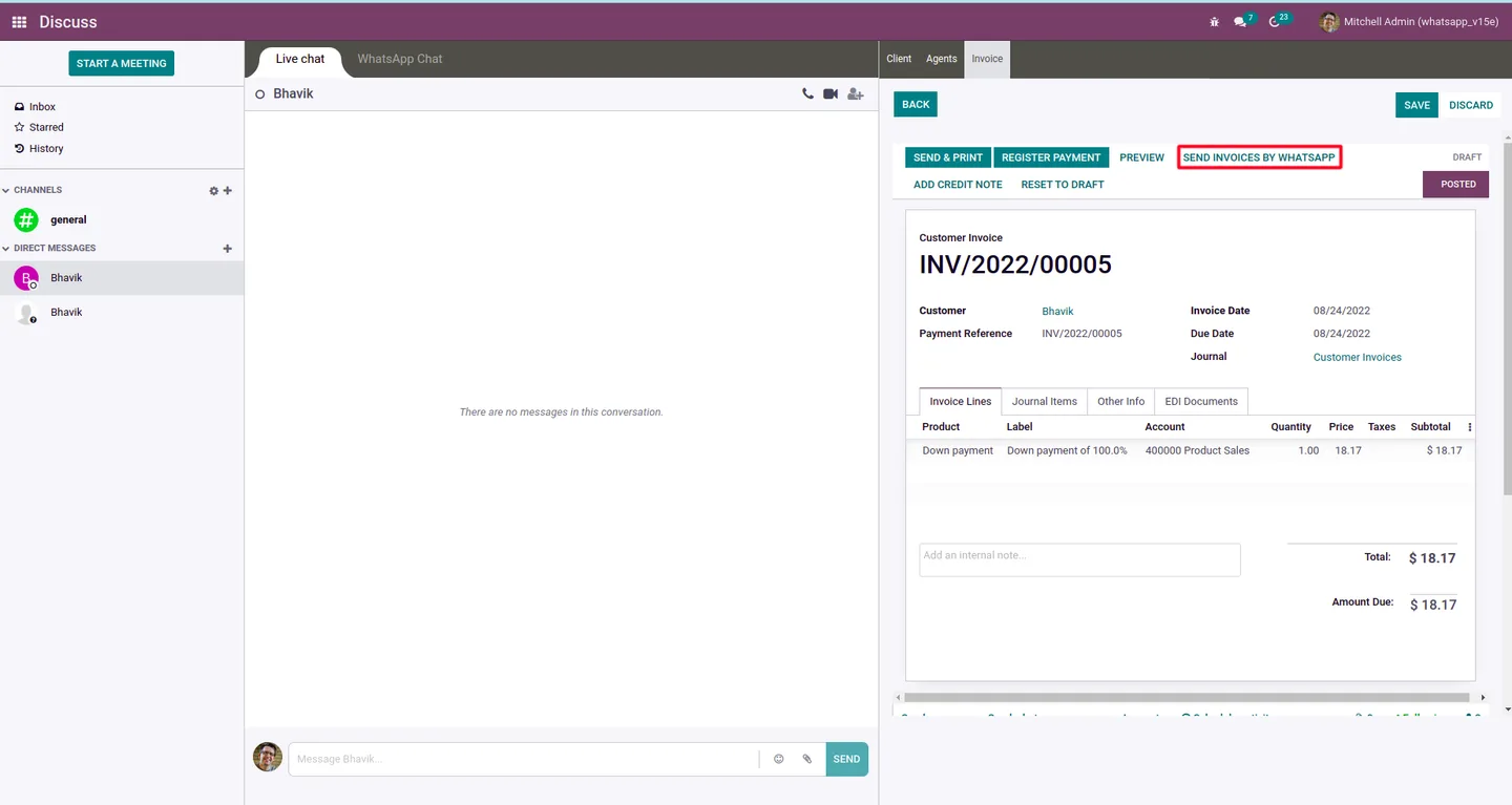 Send By WhatsApp button on an Odoo customer invoice inside Discuss