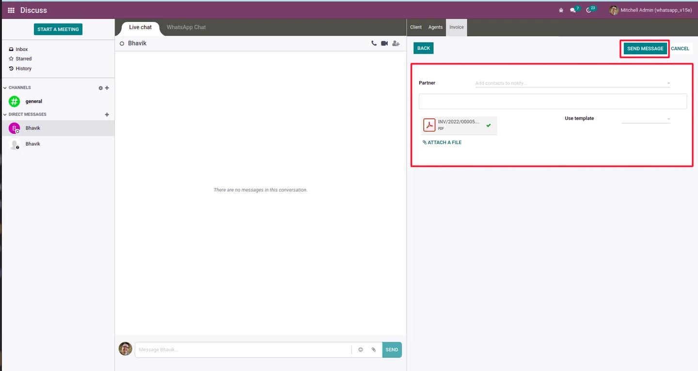 Invoice WhatsApp message sent through a dynamic template from Discuss