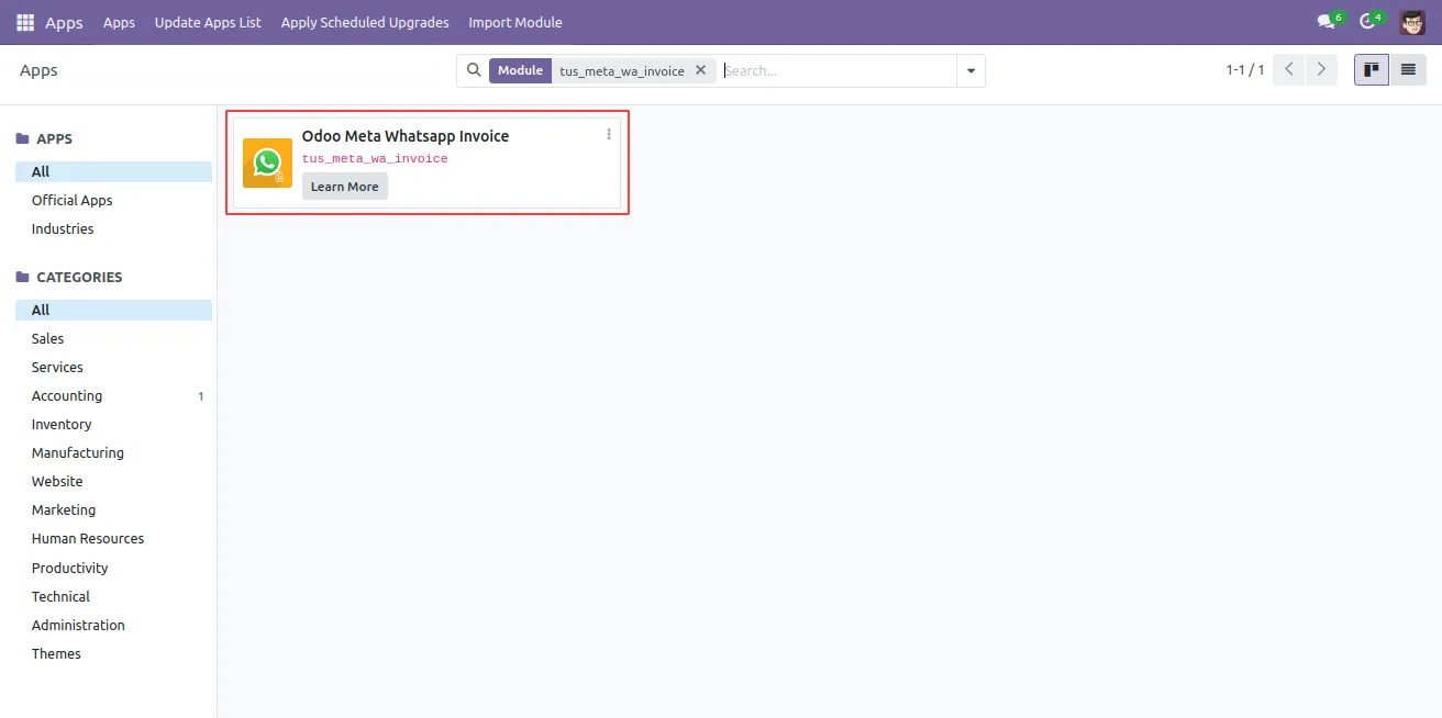 Invoice record in Odoo with the Send by WhatsApp button visible