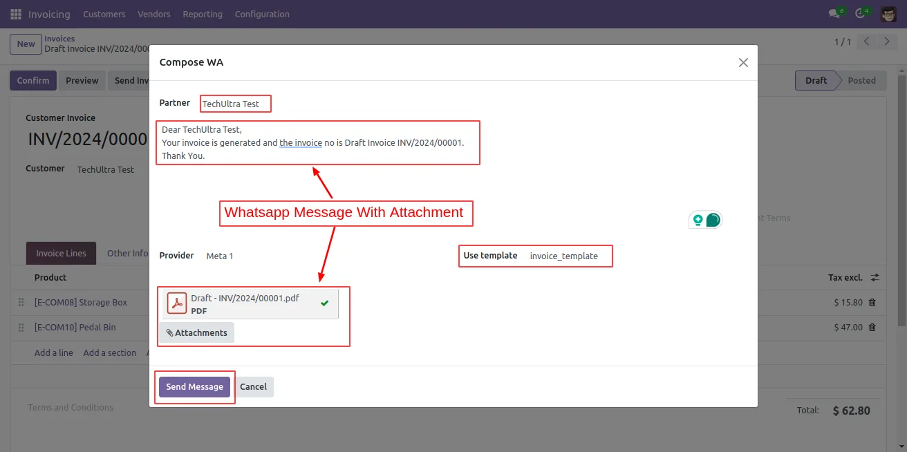 WhatsApp template selection dialog on an Odoo invoice