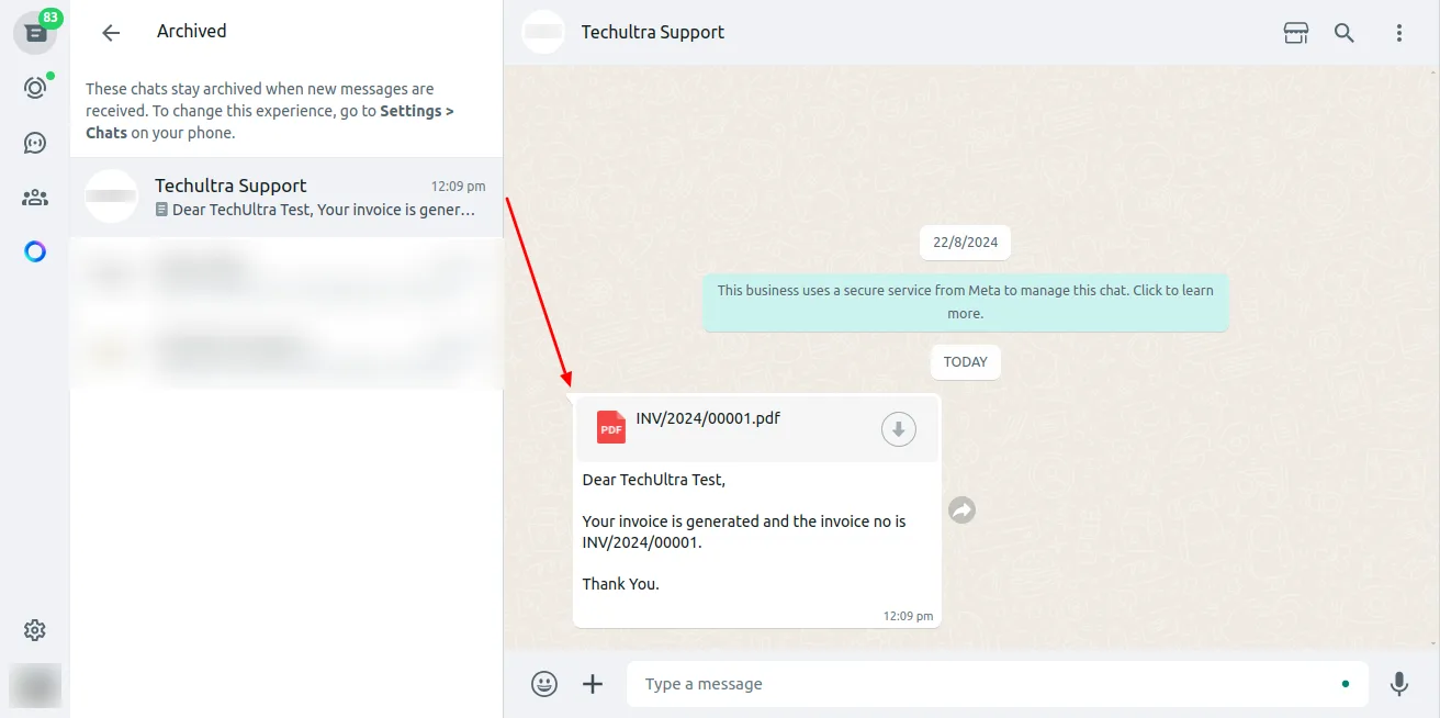 Customer reply threaded into the invoice chatter inside Odoo