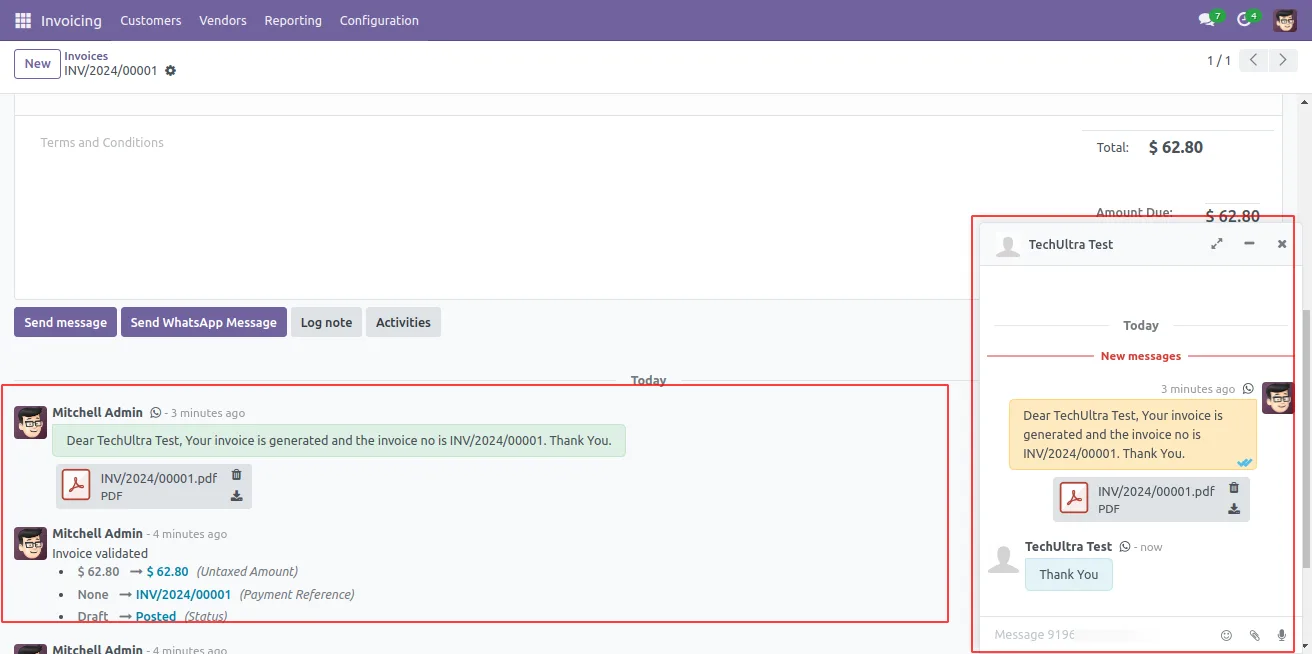 Invoice chatter showing the full WhatsApp conversation history in Odoo