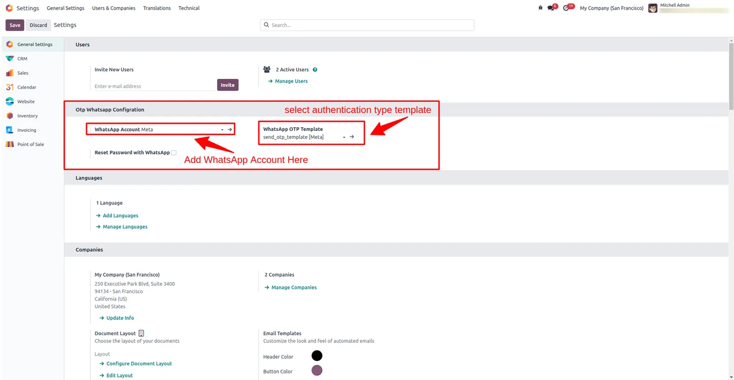 Odoo login screen with the WhatsApp OTP option enabled