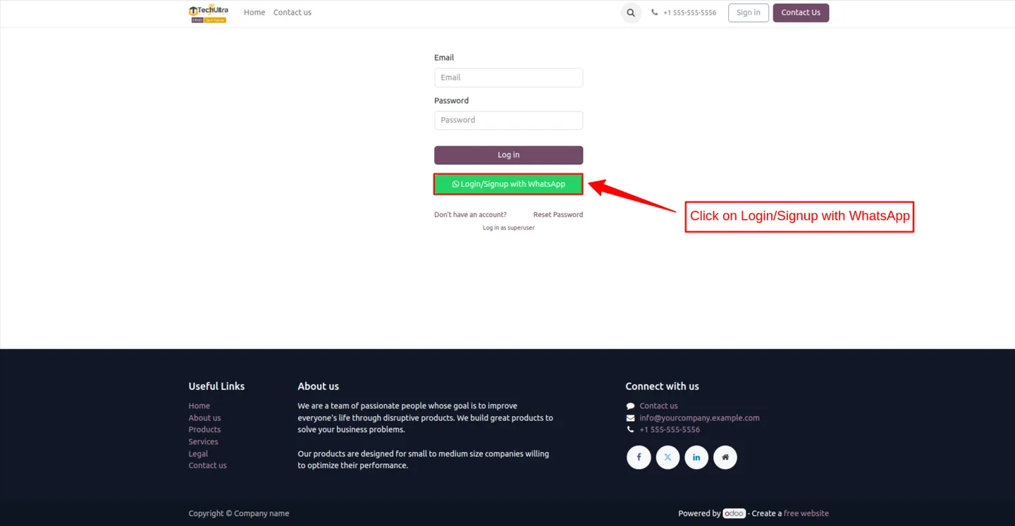 Entering a WhatsApp mobile number on the Odoo login screen