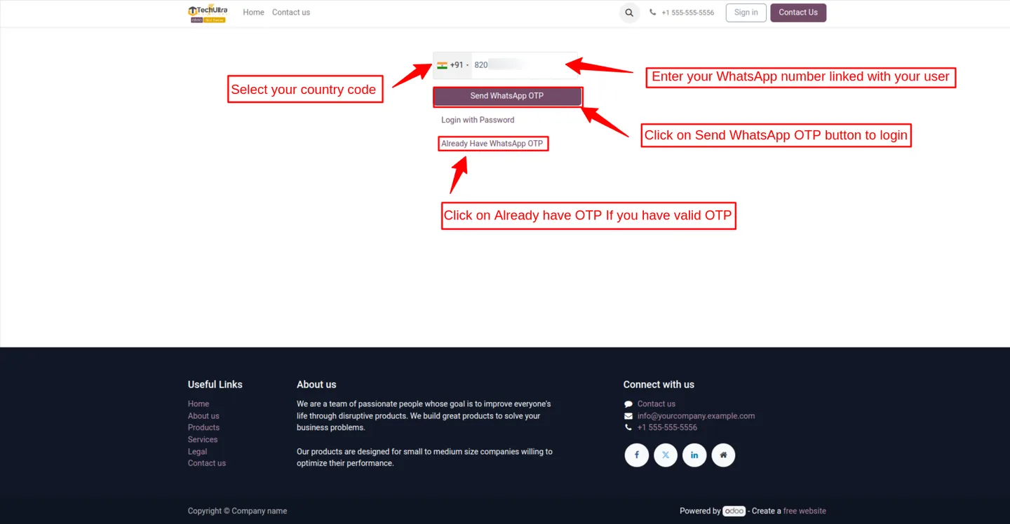 Receiving a WhatsApp OTP and pasting it into Odoo to sign in