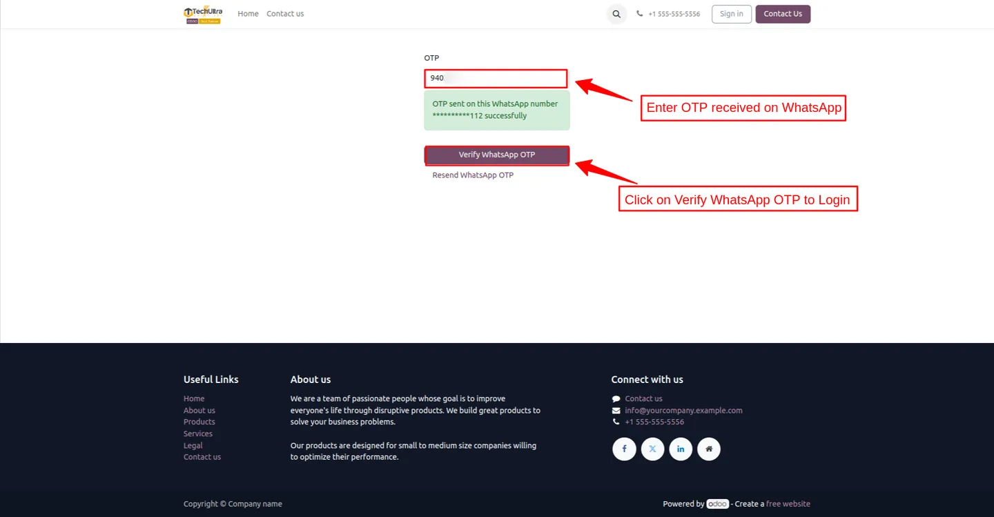 WhatsApp OTP delivered to a customer's mobile during Odoo sign-in