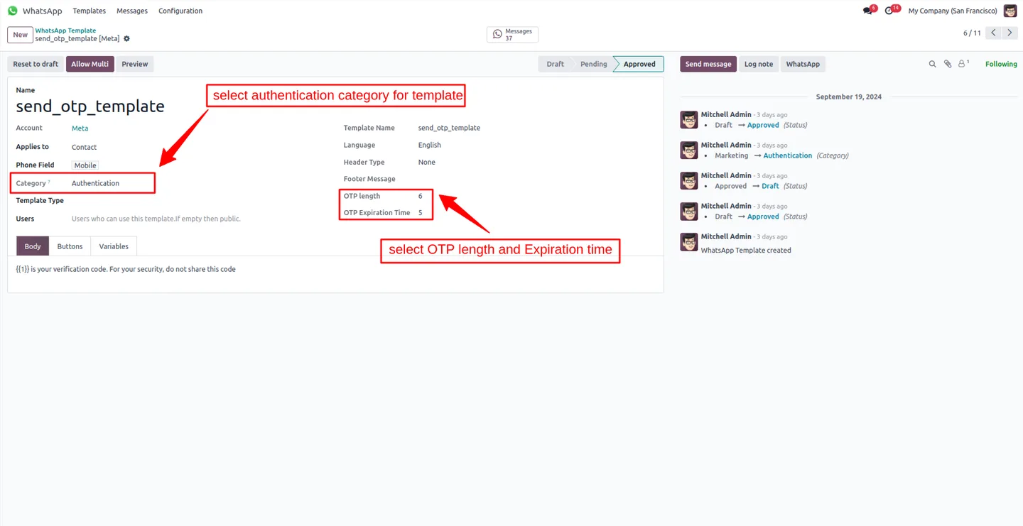 Configuring the WhatsApp OTP template for Odoo sign-in