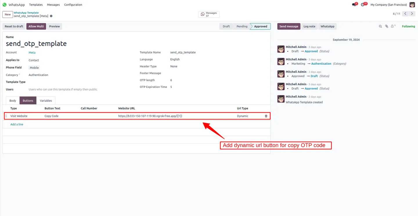 OTP template wording configured in Odoo WhatsApp Login