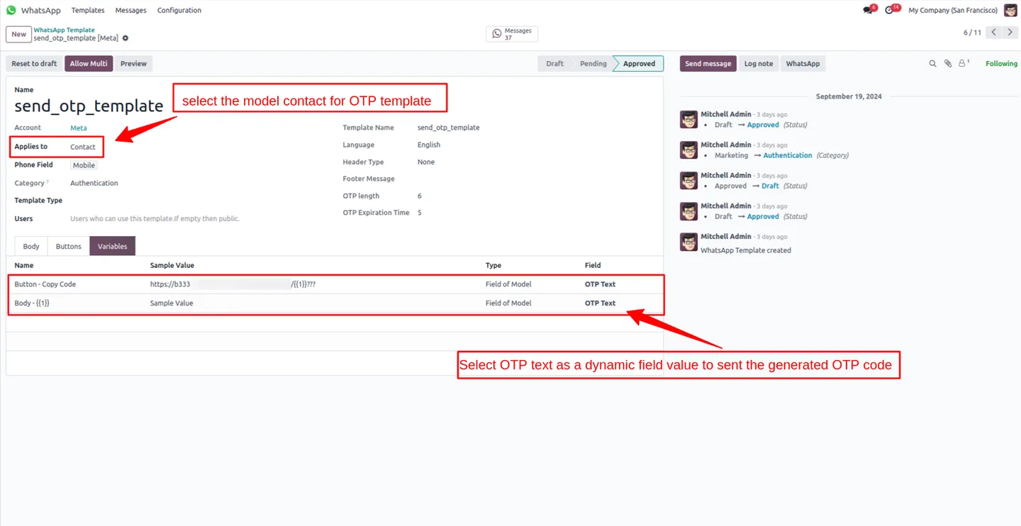 Saving a WhatsApp OTP template assignment in Odoo