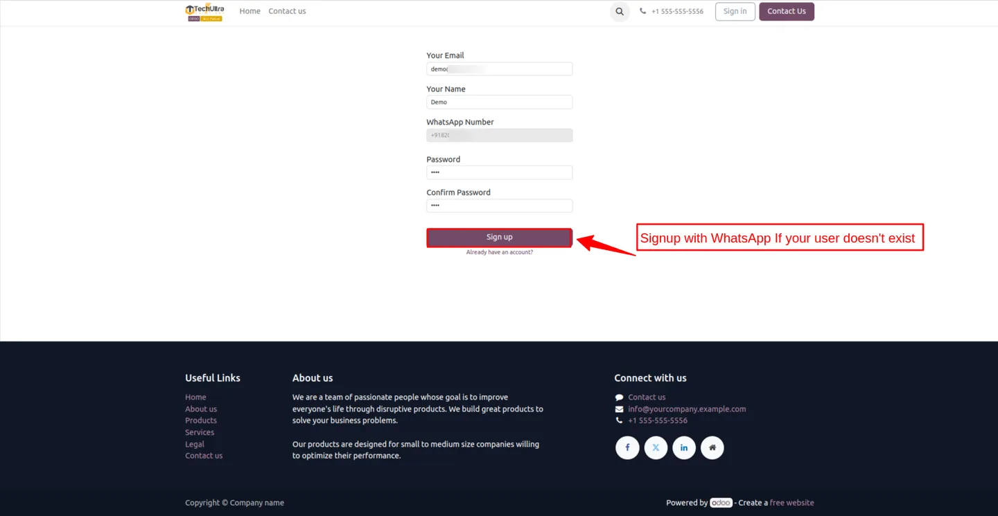 Signing up for an Odoo account through a WhatsApp OTP