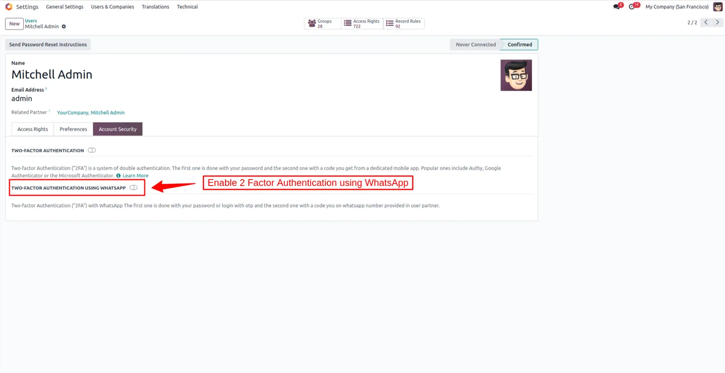 Two-factor authentication step using WhatsApp on Odoo login