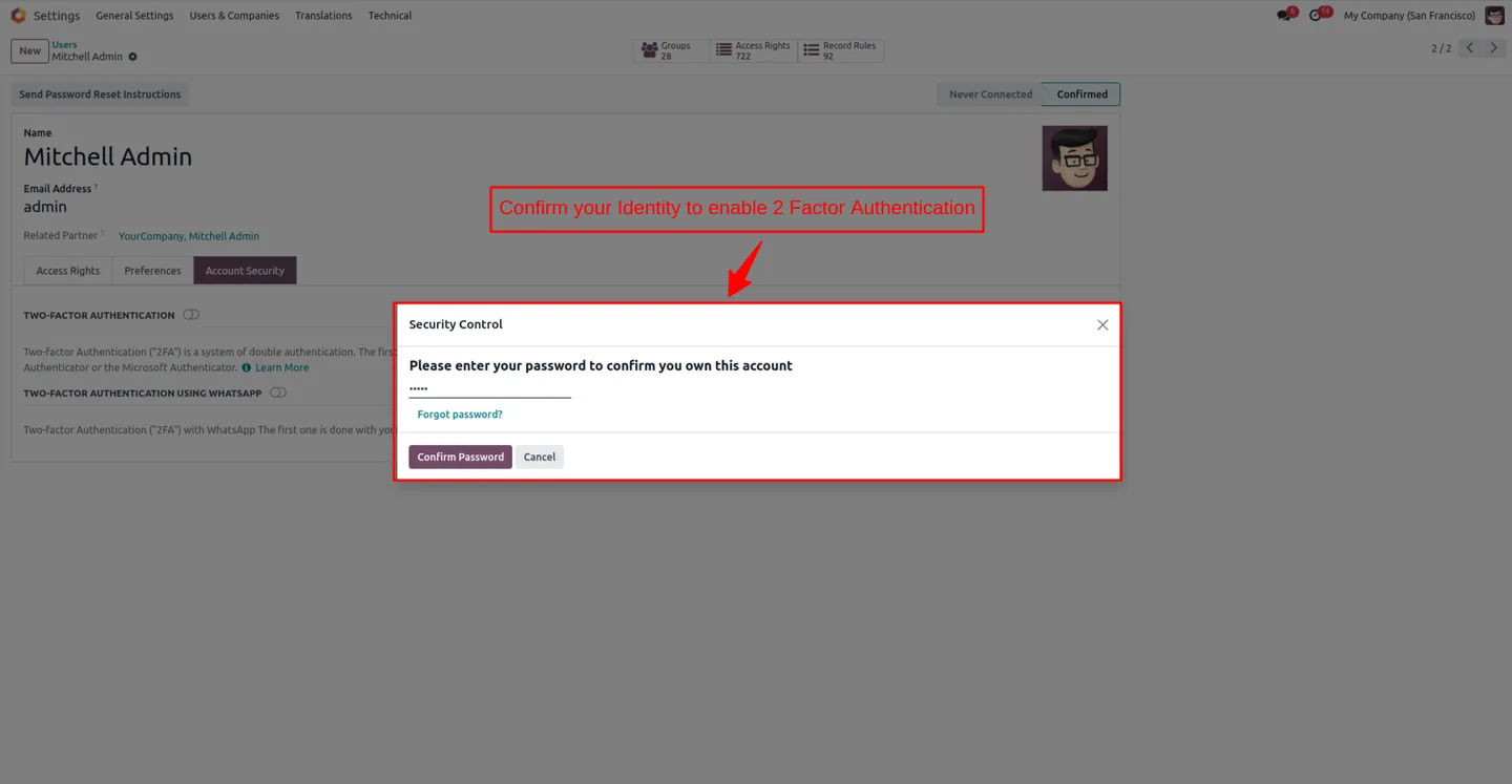 Completing WhatsApp 2FA and landing on the Odoo dashboard