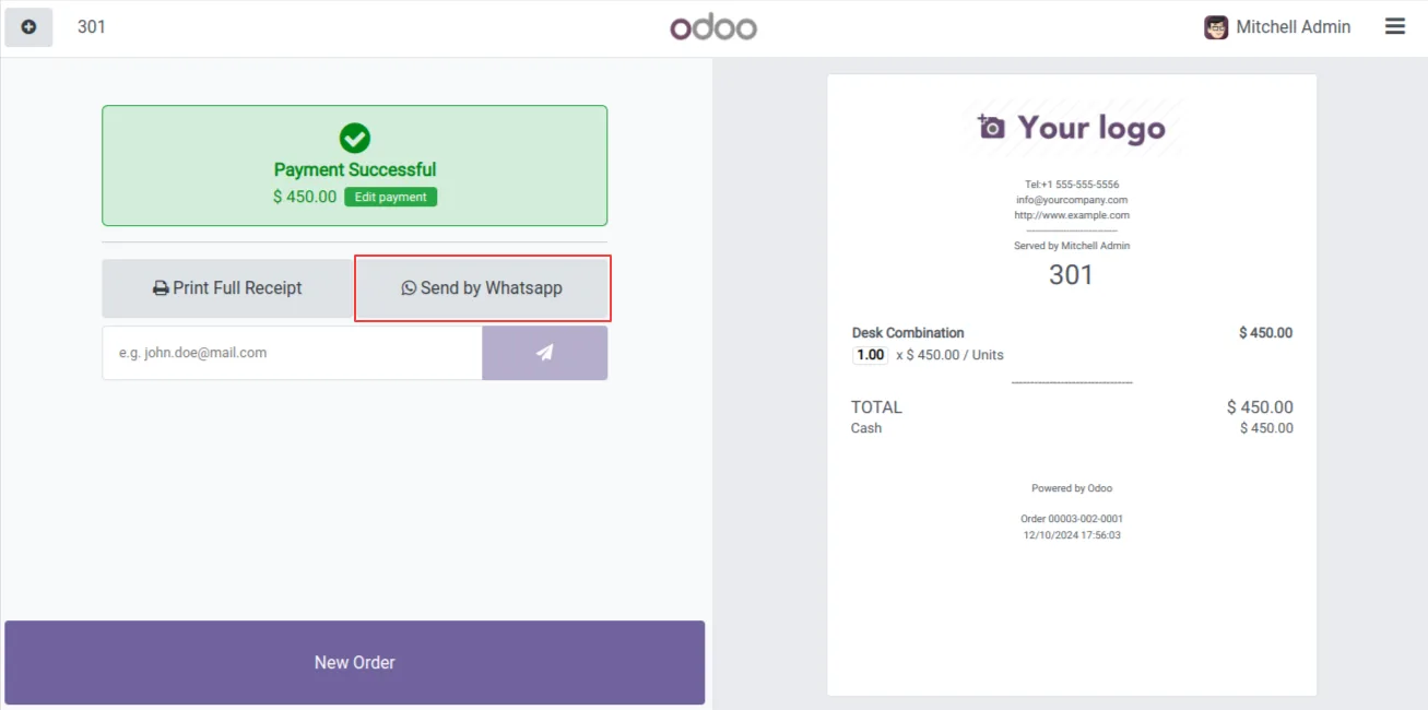 Sending a WhatsApp receipt from the Odoo Point of Sale closing screen