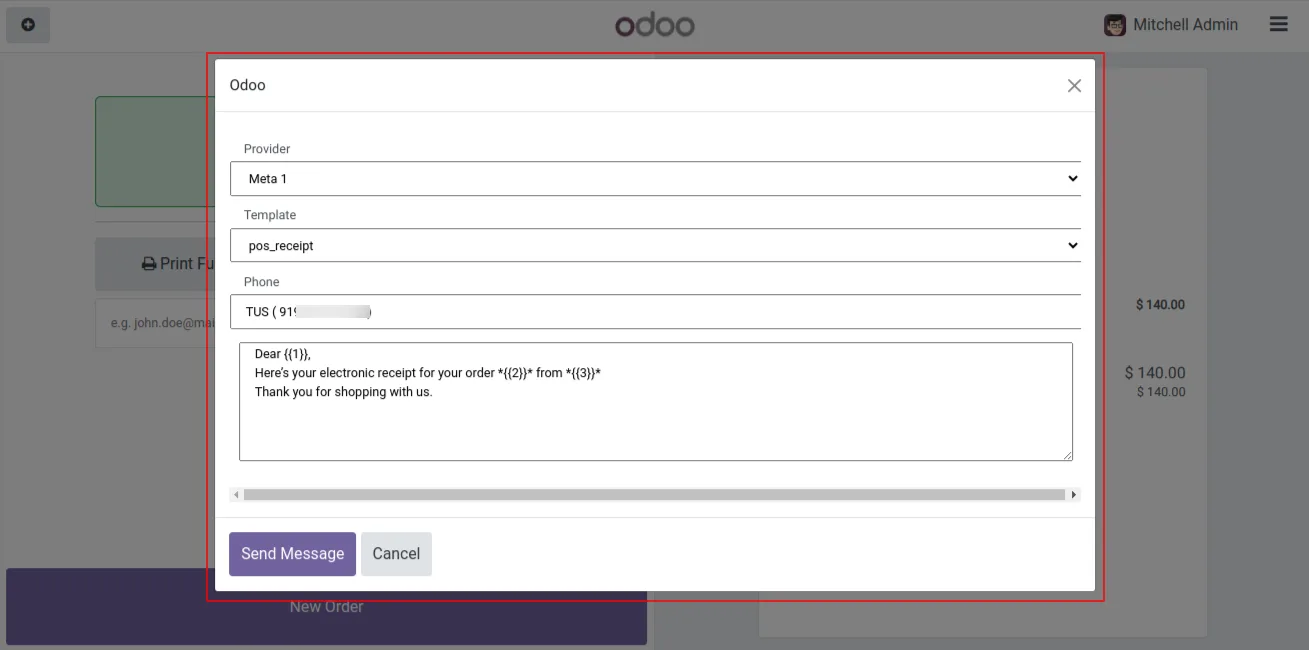 POS WhatsApp Composer open inside Odoo, picking a receipt template