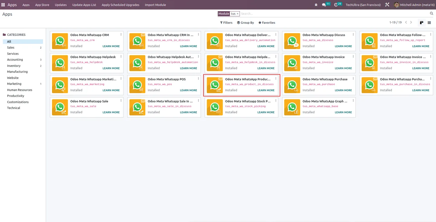 Products tab inside Odoo Discuss listing the catalogue ready to share