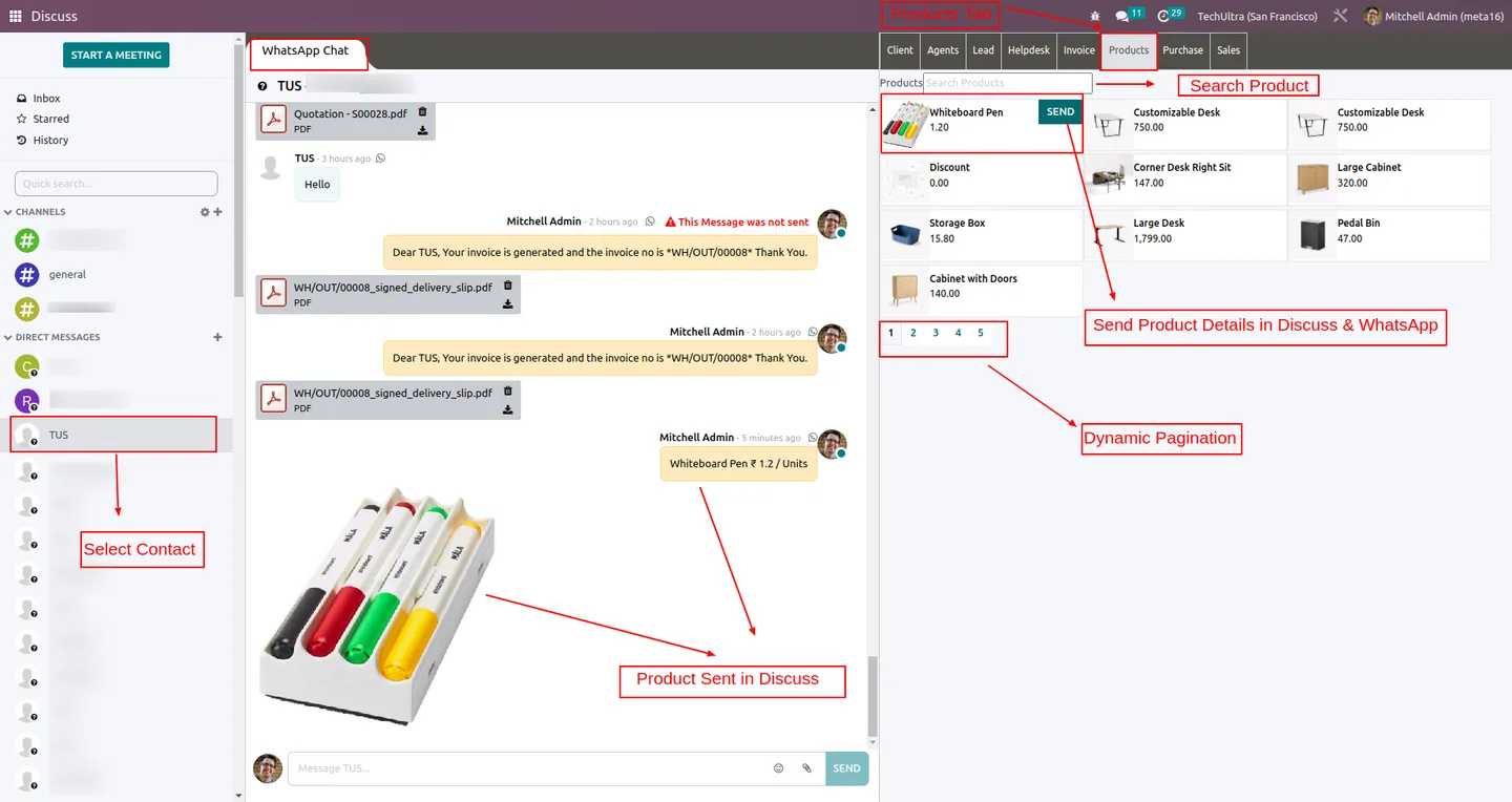 Composing a product WhatsApp message in Odoo Discuss