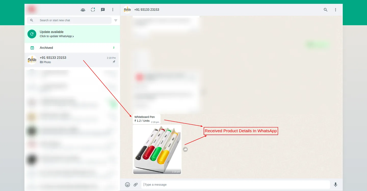 Outbound WhatsApp product message logged in the Odoo Discuss thread