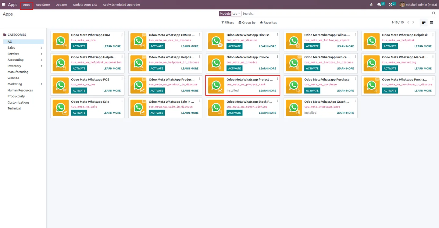 Project task stage in Odoo with a bound WhatsApp template