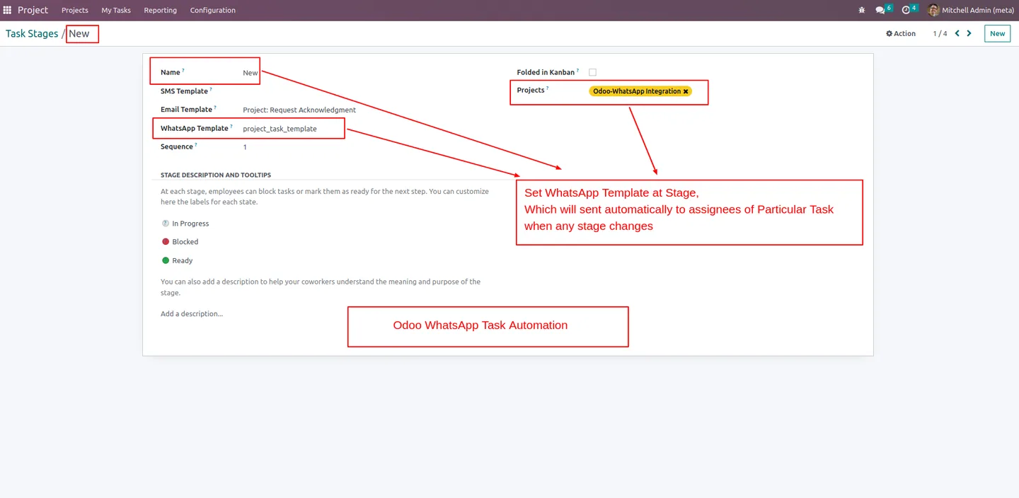 Project task form in Odoo with Send Task by WhatsApp button visible