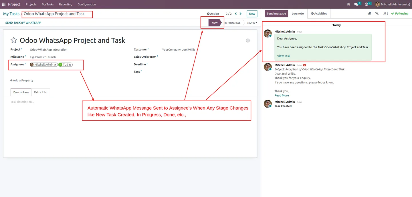 WhatsApp template composer opened from an Odoo project task