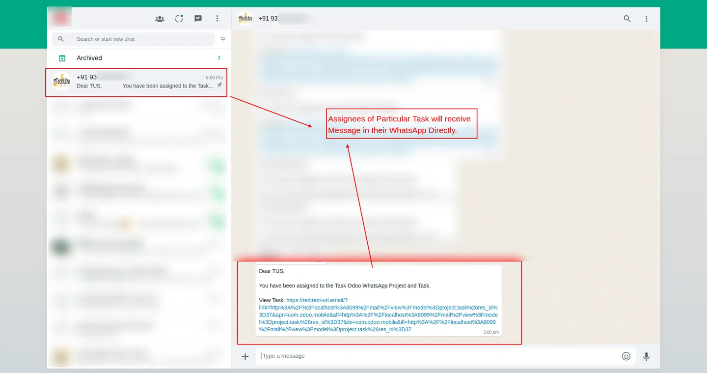 Stage-change notification sent to a task assignee's WhatsApp