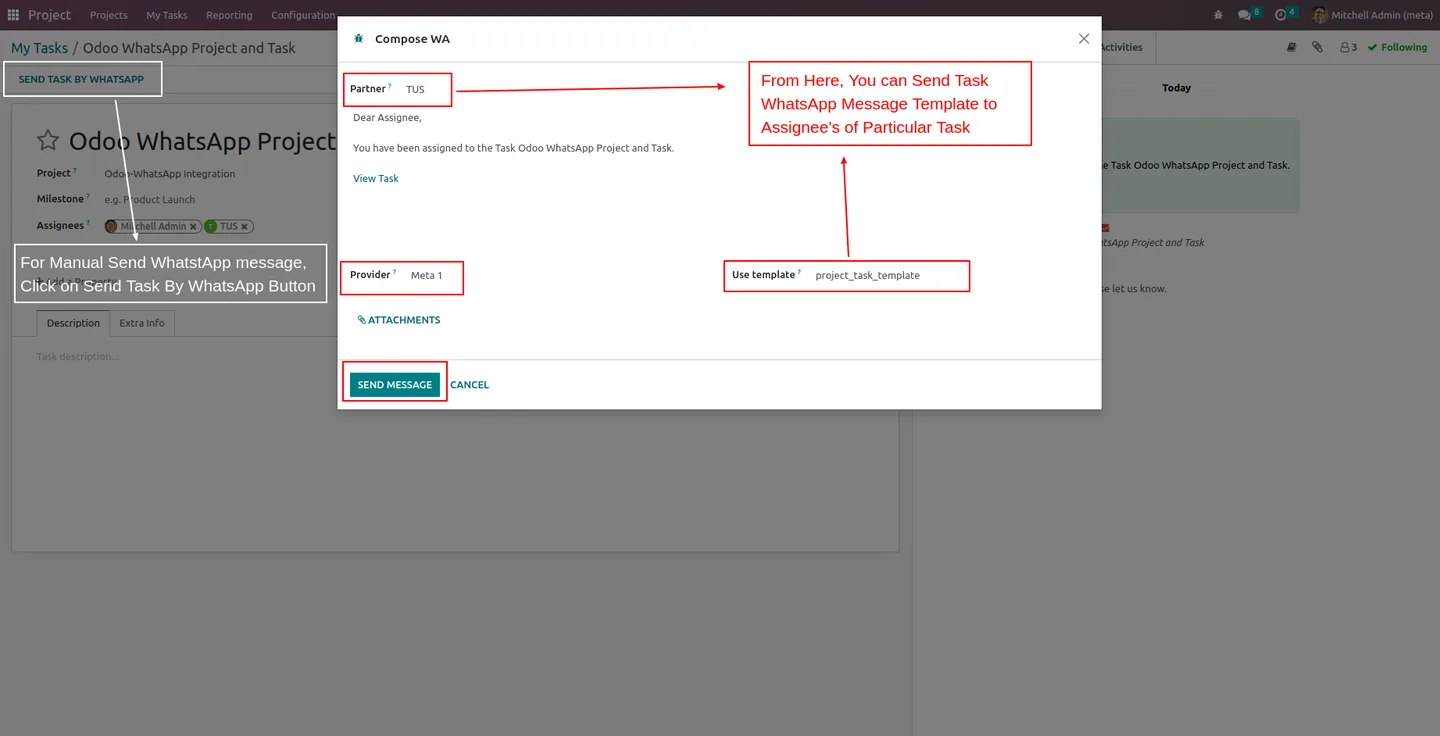 WhatsApp delivery and read receipts shown in the Odoo task chatter