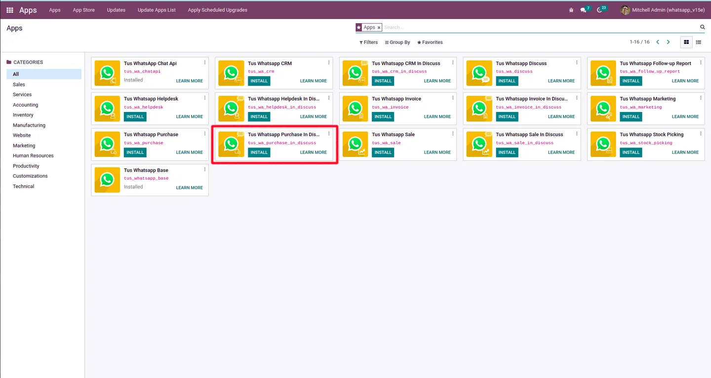 Purchase tab inside Odoo Discuss listing every RFQ and PO for the WhatsApp vendor