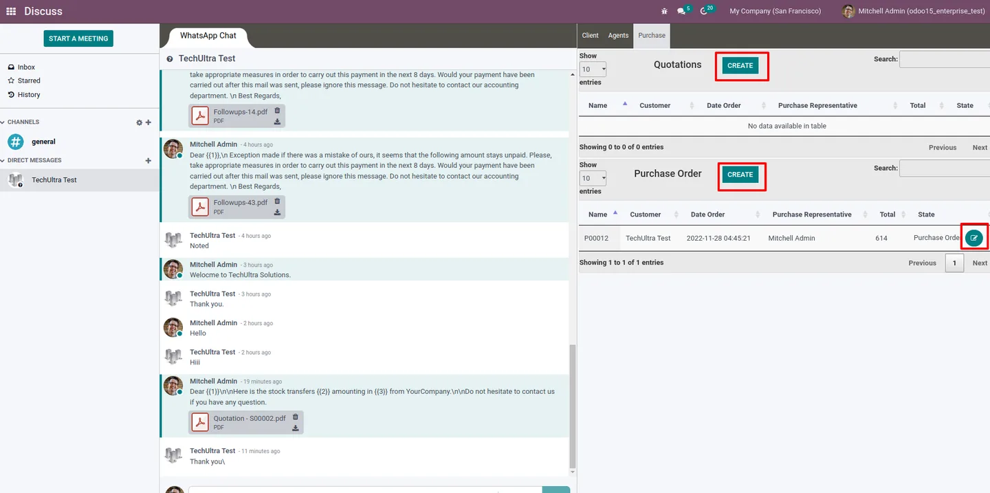 Editing an Odoo purchase order directly from the Discuss WhatsApp tab