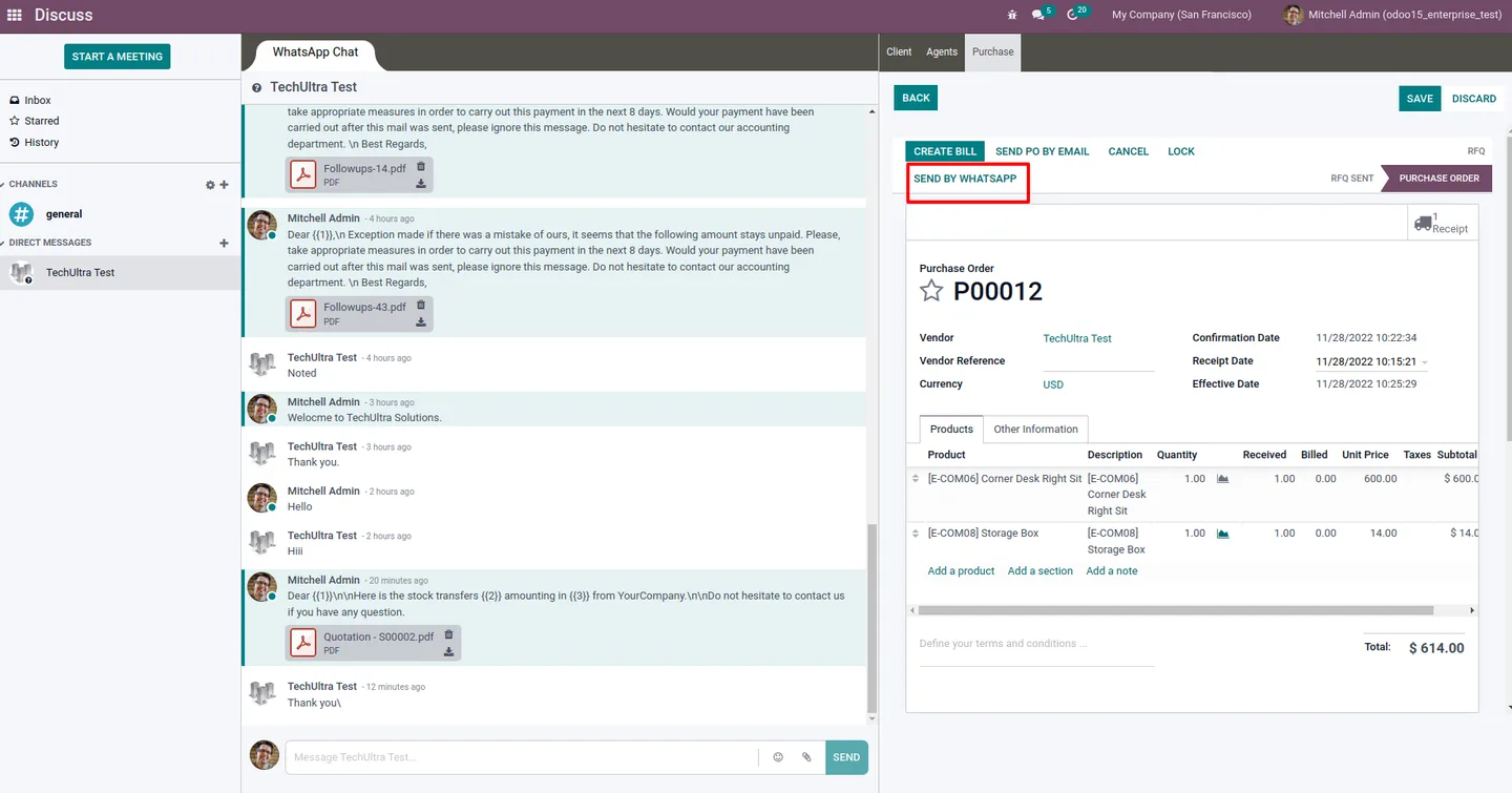 Send By WhatsApp button on an Odoo purchase order inside Discuss