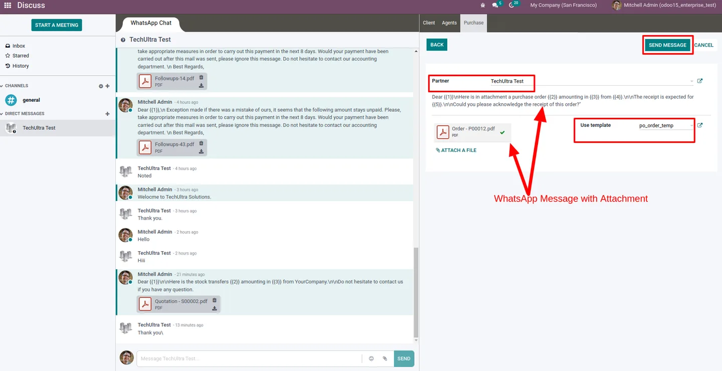 Purchase order WhatsApp message sent through a dynamic template from Discuss