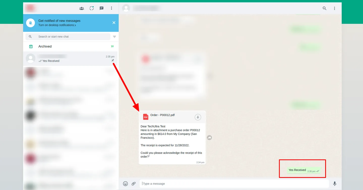 Vendor WhatsApp reply with attachments streaming back into the Odoo chat