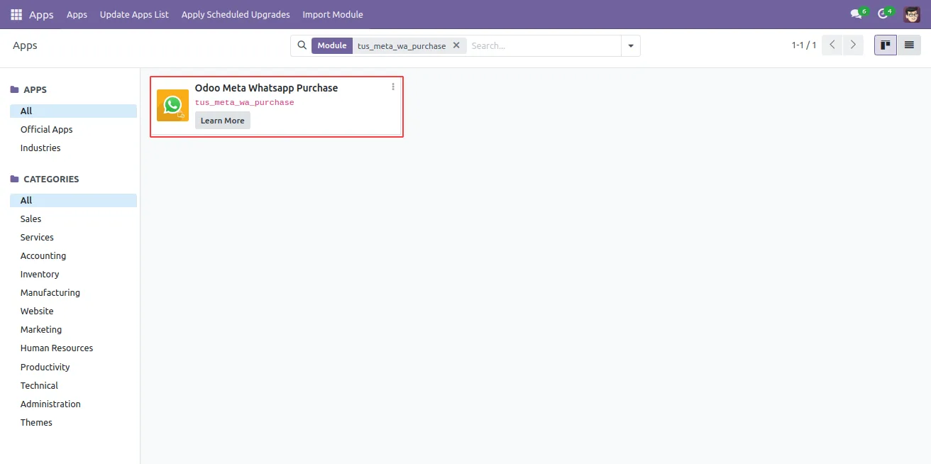 Purchase order in Odoo with the Send by WhatsApp button highlighted