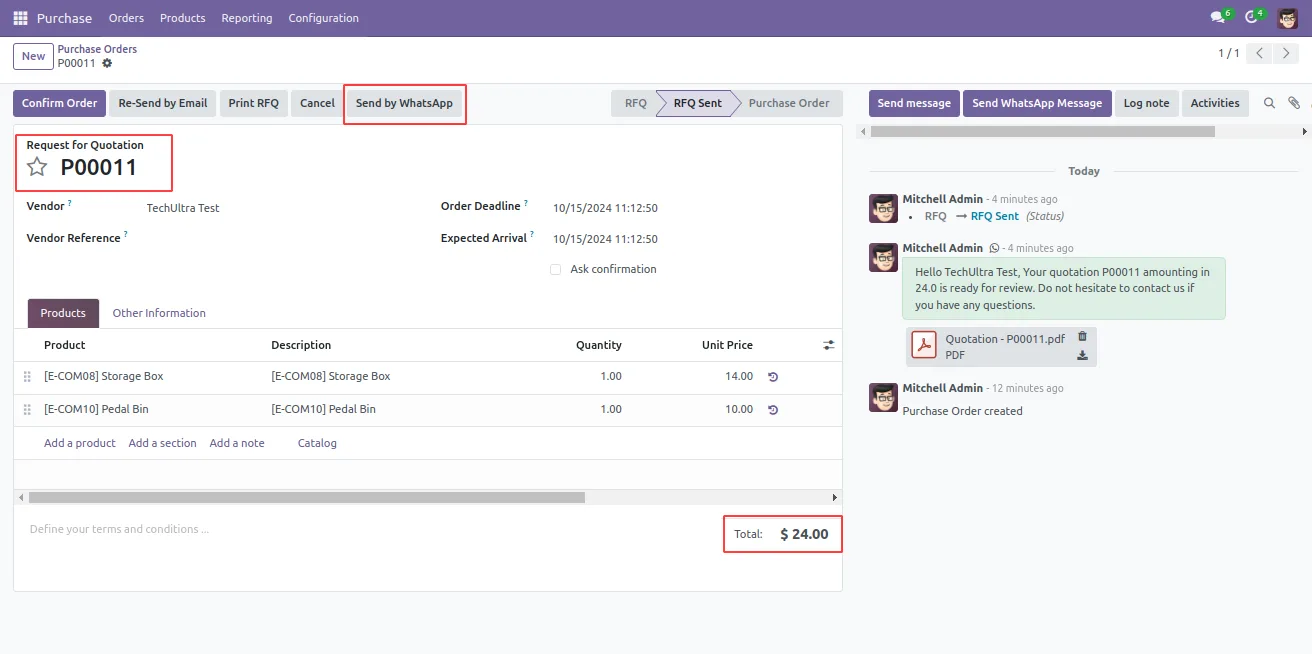 WhatsApp template composer opened from an Odoo RFQ