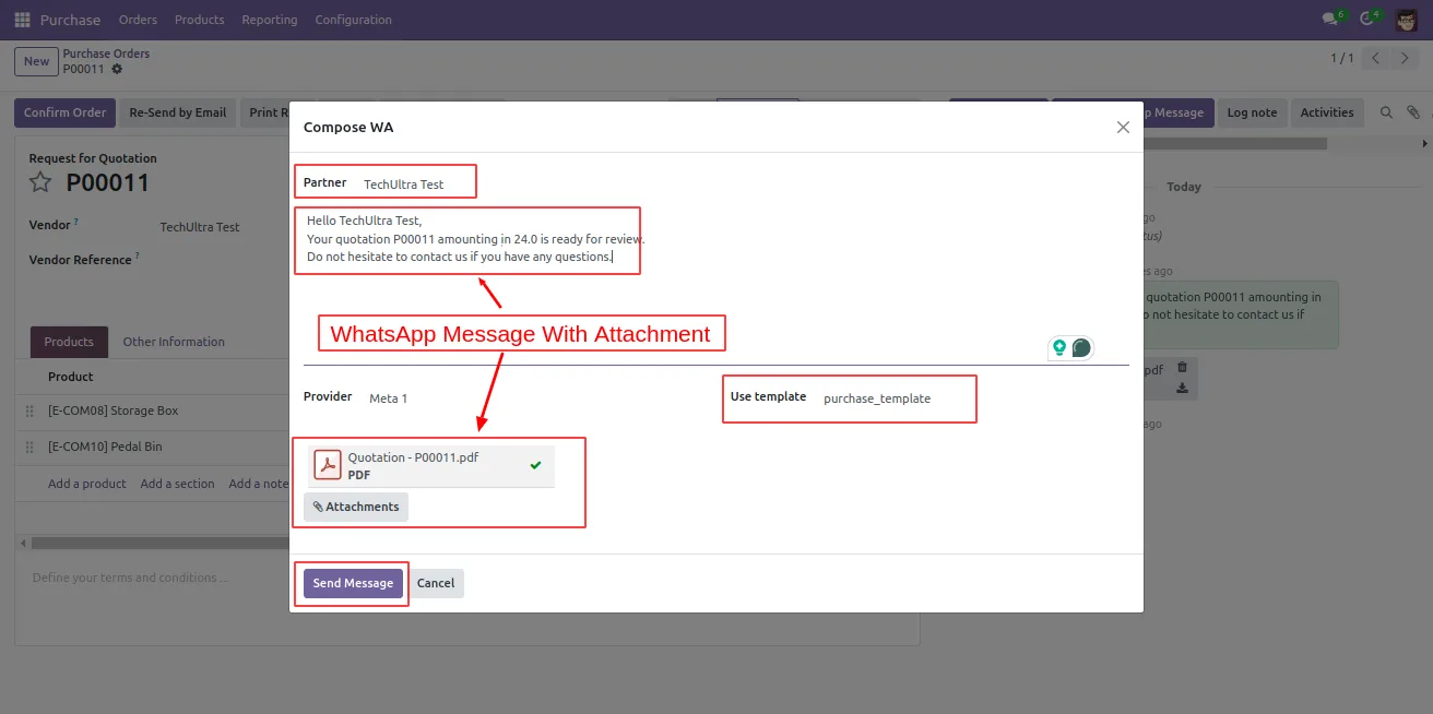 Purchase order PDF attached to a vendor's WhatsApp message