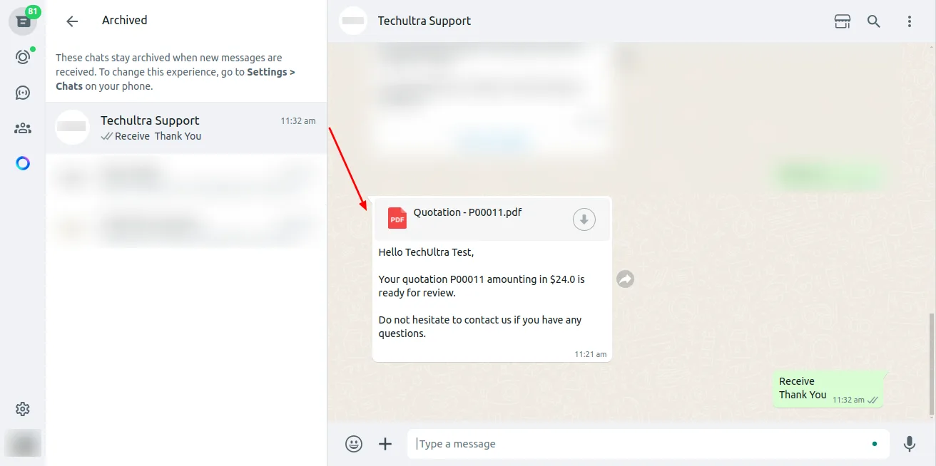 Vendor reply threaded back into the Odoo purchase order chatter